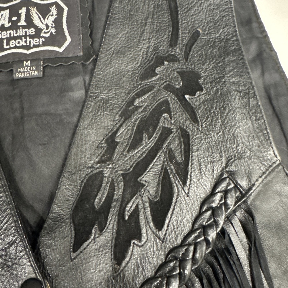 A-1 Leather Biker Vest Size M Fringe Harley Davidson Floral Front Eagle Back - Picture 2 of 8